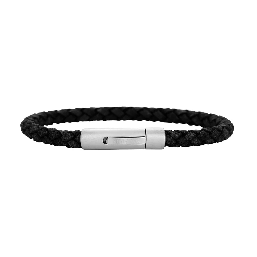 Geflochtenes Kalbslederarmband rund, schwarz, 21 cm