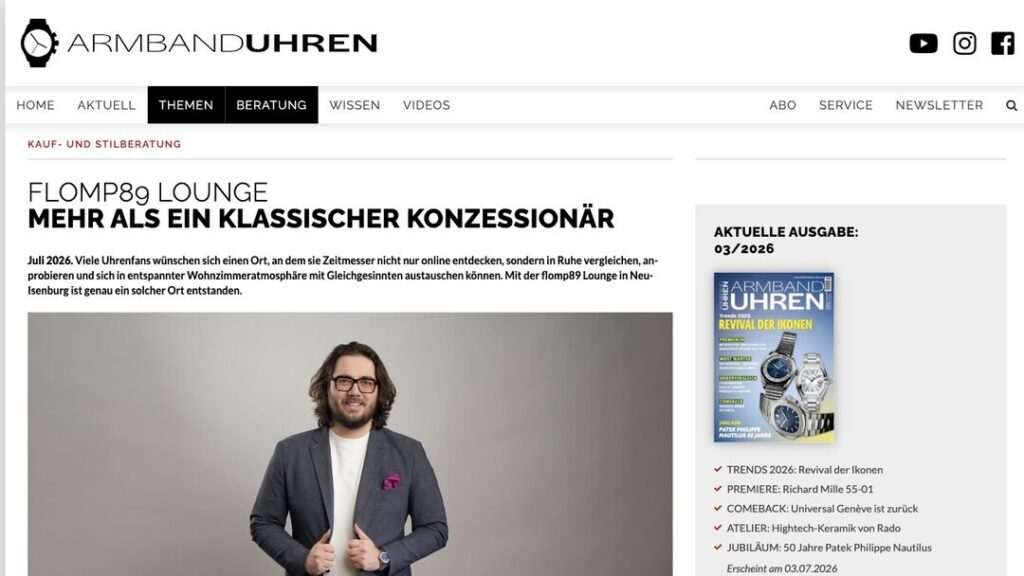 Screenshot des Artikels „flomp89 Lounge: Mehr als ein klassischer Konzessionär“ bei Armbanduhren Online