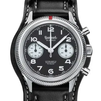 Hanhart 417 ES 1954 Flyback Reverse Panda – Frontansicht mit schwarzem Lederarmband